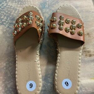 Gold Studded Tan Slide Sandals